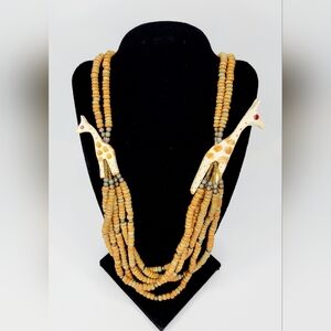 African Carved Giraffe Beaded Multi Strand Barrel Fastener Necklace